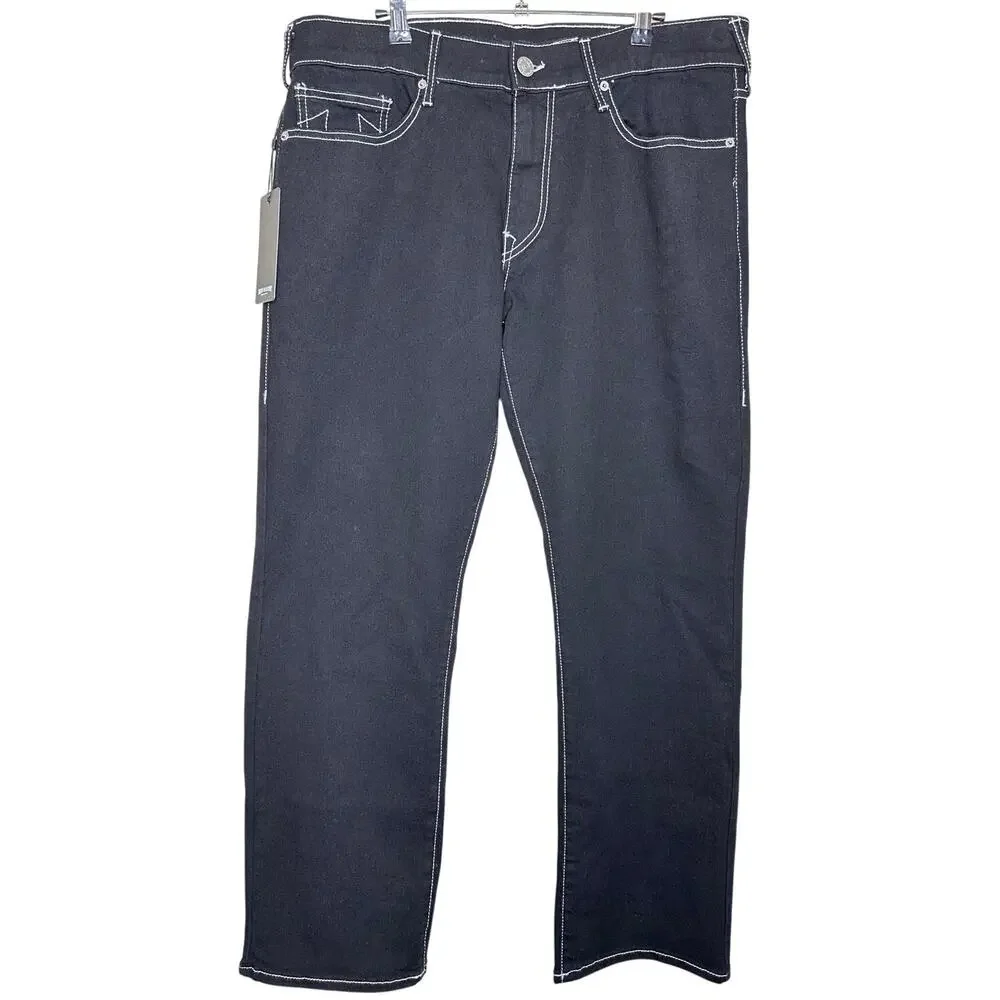 True Religion Ricky Relaxed Straight Jeans Black Denim Contrast Stitch 36x30 NWT
